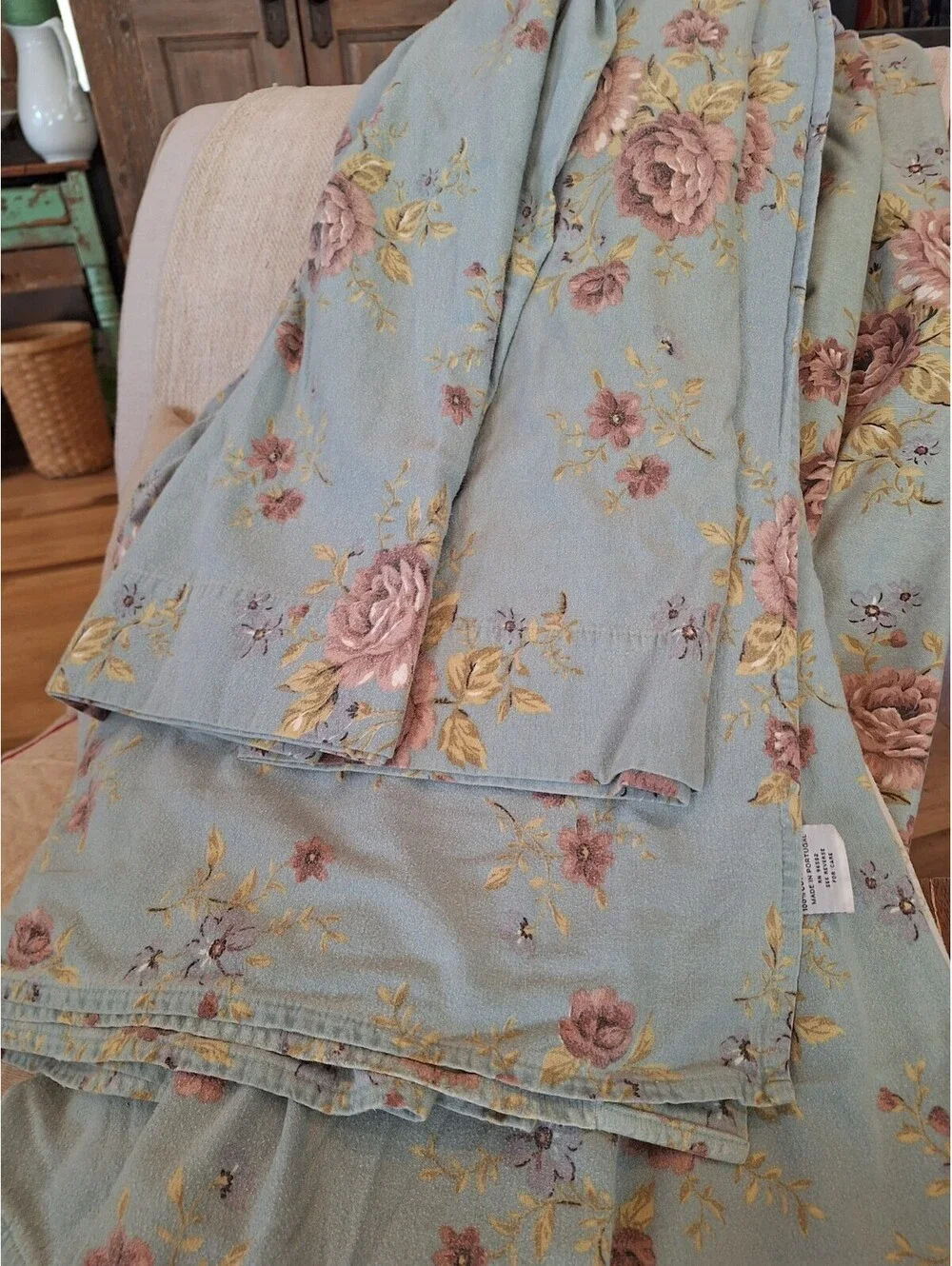 Blue Cottage Roses, Vintage Flannel Sheet Set. QUEEN, The Company Store,